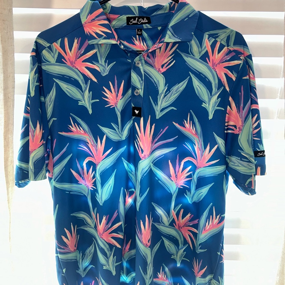 Bad Birdie Golf Polo (Blue Hawaiian Tropical Floral) Size Large